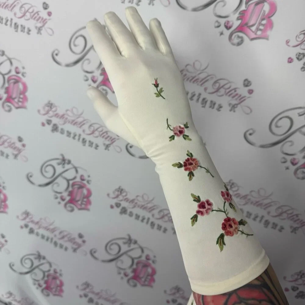 1950s cream mid-length gloves with embroidered flowers made in france rare vtg